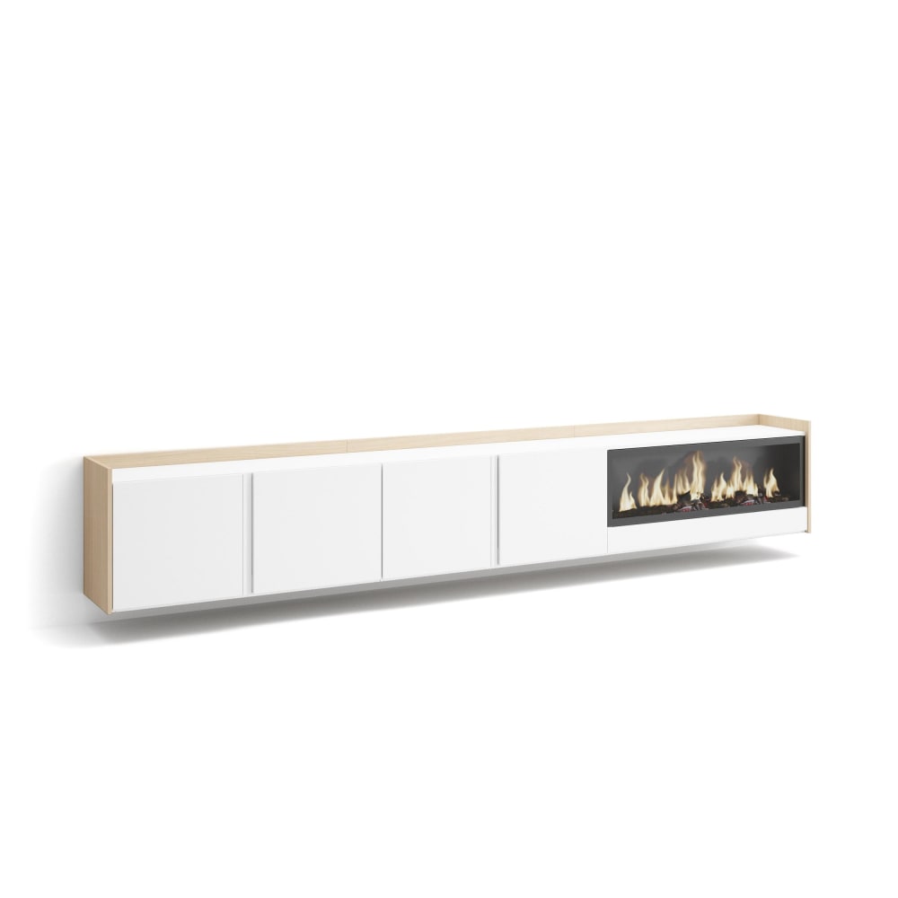 Wohnli Möbelsuche - TV-Möbel Holzeffekt weiß und eiche 315x35x50cm Kamin mit Feuereffekt