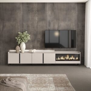 TV-Möbel Holzeffekt beige 315x35x61cm Kamin mit Feuereffekt XXL 315x61x35cm Spanplatte Beige Skraut home Möbel Wohnzimmermöbel TV-Möbel