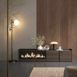 TV-Möbel Holzeffekt eiche schwarz 212x35x50cm Kamin mit Feuereffekt 212x50x35cm Spanplatte Braun Skraut home Möbel Wohnzimmermöbel TV-Möbel