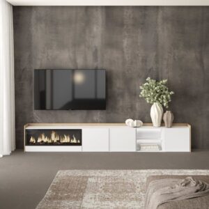 wohnli-moebel-suche-M26043415-1 TV-Möbel Holzeffekt weiß und eiche 315x35x50cm Kamin mit Feuereffekt 315x50x35cm Spanplatte Weiß Skraut home Möbel Wohnzimmermöbel TV-Möbel