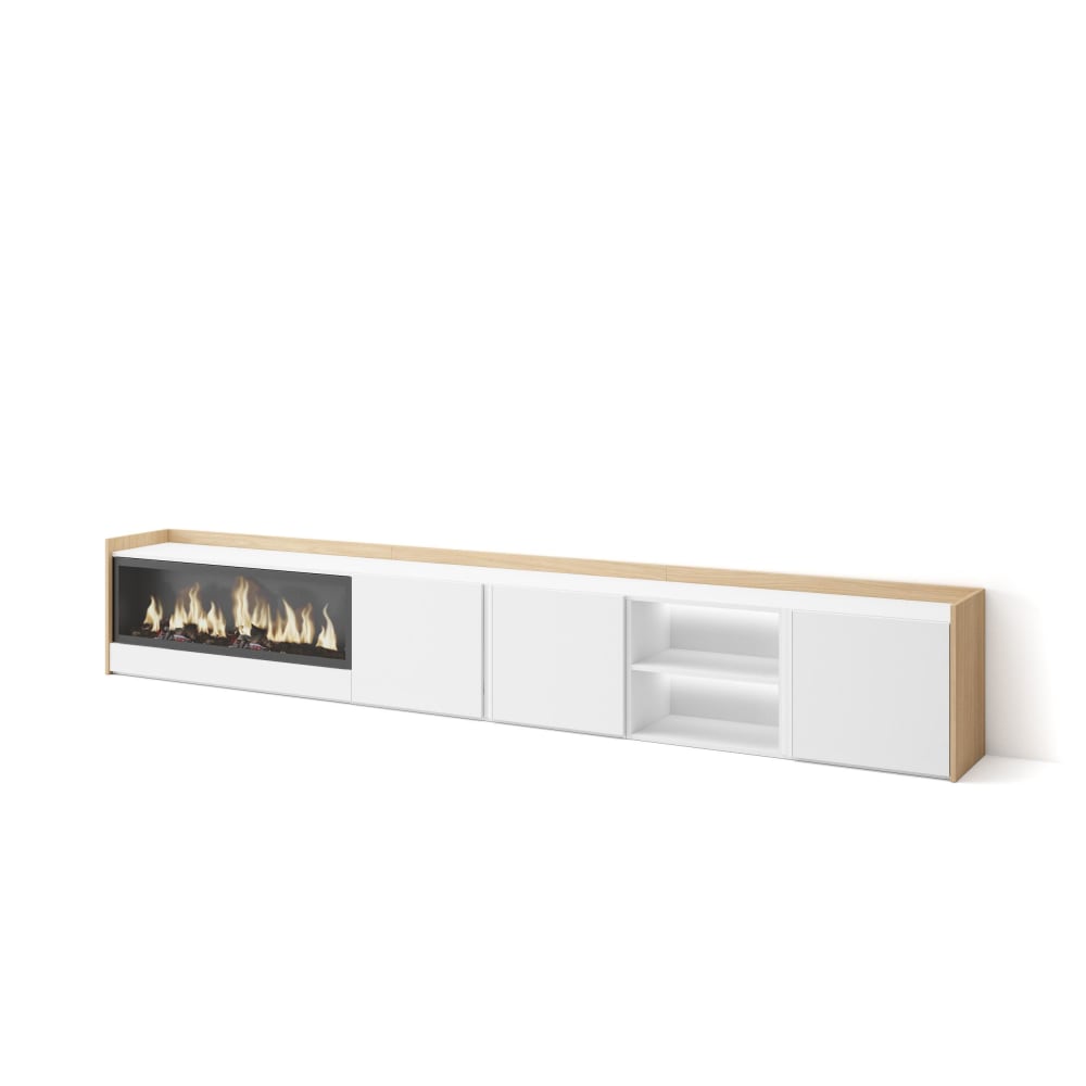 Wohnli Möbelsuche - TV-Möbel Holzeffekt weiß und eiche 315x35x50cm Kamin mit Feuereffekt