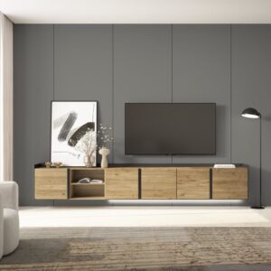 TV-Möbel Holzeffekt eiche und schwarz 309x35x50cm Hängend 309x50x35cm Spanplatte Beige Skraut home Möbel Wohnzimmermöbel TV-Möbel
