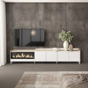 TV-Möbel Holzeffekt weiß und eiche 315x35x61cm Kamin mit Feuereffekt 315x61x35cm Spanplatte Weiß Skraut home Möbel Wohnzimmermöbel TV-Möbel