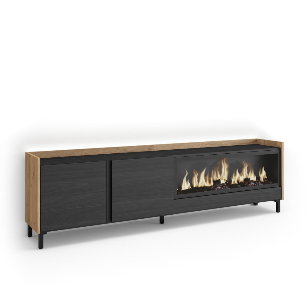 Wohnli Möbelsuche - TV-Möbel Holzeffekt schwarz eiche 212x35x61cm Kamin mit Feuereffekt