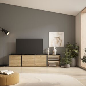 TV-Möbel Holzeffekt eiche und schwarz 207x35x50cm mit Led 207x50x35cm Spanplatte Beige Skraut home Möbel Wohnzimmermöbel TV-Möbel