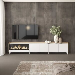 TV-Möbel Holzeffekt weiß und eiche 315x35x61cm Kamin mit Feuereffekt 315x61x35cm Spanplatte Weiß Skraut home Möbel Wohnzimmermöbel TV-Möbel