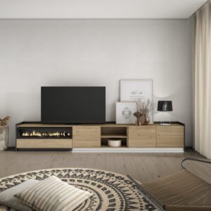 wohnli-moebel-suche-M26043425-1 TV-Möbel Holzeffekt eiche schwarz 310x37x50cm Kamin mit Feuereffekt 310x50x37cm Spanplatte Beige Skraut home Möbel Wohnzimmermöbel TV-Möbel