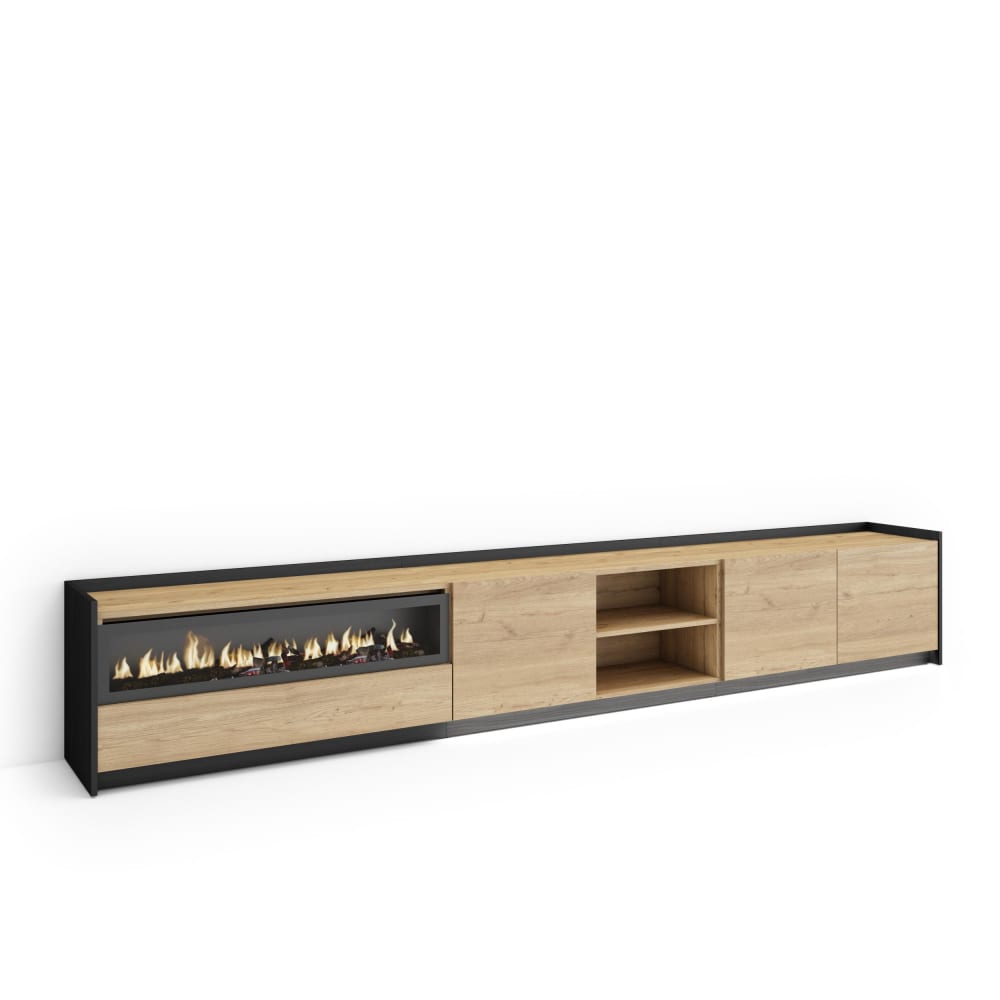Wohnli Möbelsuche - TV-Möbel Holzeffekt eiche schwarz 310x37x50cm Kamin mit Feuereffekt