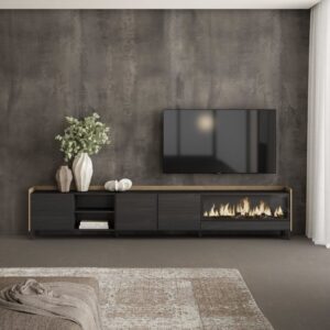 TV-Möbel Holzeffekt schwarz eiche 315x35x61cm Kamin mit Feuereffekt 315x61x35cm Spanplatte Schwarz Skraut home Möbel Wohnzimmermöbel TV-Möbel