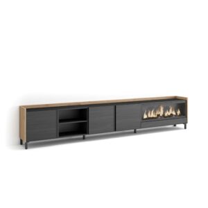Wohnli Möbelsuche - TV-Möbel Holzeffekt schwarz eiche 315x35x61cm Kamin mit Feuereffekt