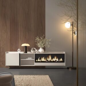 TV-Möbel Holzeffekt beige 212x35x50cm Kamin mit Feuereffekt XXL 212x50x35cm Spanplatte Beige Skraut home Möbel Wohnzimmermöbel TV-Möbel