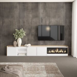 wohnli-moebel-suche-M26043432-1 TV-Möbel Holzeffekt weiß und eiche 315x35x50cm Kamin mit Feuereffekt 315x50x35cm Spanplatte Weiß Skraut home Möbel Wohnzimmermöbel TV-Möbel