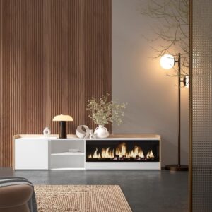 TV-Möbel Holzeffekt weiß und eiche 212x35x50cm Kamin mit Feuereffekt 212x50x35cm Spanplatte Weiß Skraut home Möbel Wohnzimmermöbel TV-Möbel