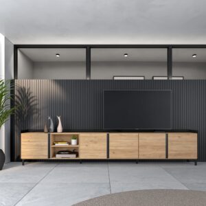wohnli-moebel-suche-M26043435-1 TV-Möbel Holzeffekt eiche und schwarz 309x35x61cm mit Beinen 309x61x35cm Spanplatte Beige Skraut home Möbel Wohnzimmermöbel TV-Möbel