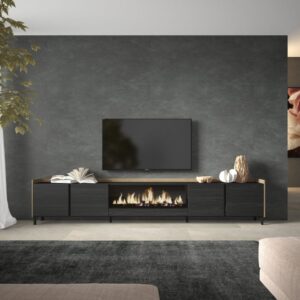 TV-Möbel Holzeffekt schwarz eiche 315x35x61cm Kamin mit Feuereffekt 315x61x35cm Spanplatte Schwarz Skraut home Möbel Wohnzimmermöbel TV-Möbel
