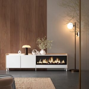 wohnli-moebel-suche-M26043437-1 TV-Möbel Holzeffekt weiß und eiche 212x35x61cm Kamin mit Feuereffekt 212x61x35cm Spanplatte Weiß Skraut home Möbel Wohnzimmermöbel TV-Möbel