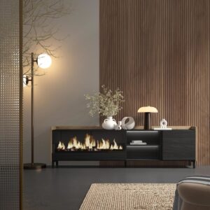 wohnli-moebel-suche-M26043444-1 TV-Möbel Holzeffekt schwarz eiche 212x35x61cm Kamin mit Feuereffekt 212x61x35cm Spanplatte Schwarz Skraut home Möbel Wohnzimmermöbel TV-Möbel