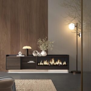 TV-Möbel Holzeffekt eiche schwarz 212x35x50cm Kamin mit Feuereffekt 212x50x35cm Spanplatte Braun Skraut home Möbel Wohnzimmermöbel TV-Möbel