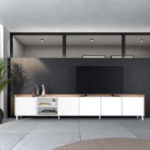 TV-Möbel Holzeffekt weiß und eiche 309x35x61cm mit Beinen 309x61x35cm Spanplatte Weiß Skraut home Möbel Wohnzimmermöbel TV-Möbel
