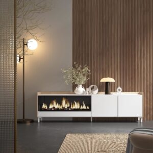 wohnli-moebel-suche-M26043456-1 TV-Möbel Holzeffekt weiß und eiche 212x35x61cm Kamin mit Feuereffekt 212x61x35cm Spanplatte Weiß Skraut home Möbel Wohnzimmermöbel TV-Möbel
