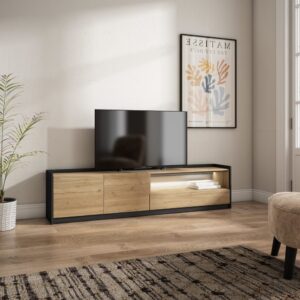 TV-Möbel Holzeffekt eiche und schwarz 207x37x50cm mit Led 207x50x37cm Spanplatte Beige Skraut home Möbel Wohnzimmermöbel TV-Möbel