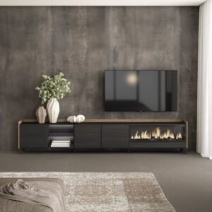 TV-Möbel Holzeffekt schwarz eiche 315x35x61cm Kamin mit Feuereffekt 315x61x35cm Spanplatte Schwarz Skraut home Möbel Wohnzimmermöbel TV-Möbel