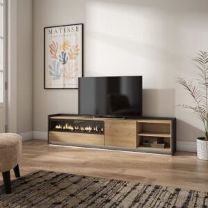 TV-Möbel Holzeffekt eiche schwarz 207x37x50cm Kamin mit Feuereffekt 207x50x37cm Spanplatte Beige Skraut home Möbel Wohnzimmermöbel TV-Möbel