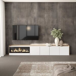 wohnli-moebel-suche-M26043470-1 TV-Möbel Holzeffekt weiß und eiche 315x35x50cm Kamin mit Feuereffekt 315x50x35cm Spanplatte Weiß Skraut home Möbel Wohnzimmermöbel TV-Möbel