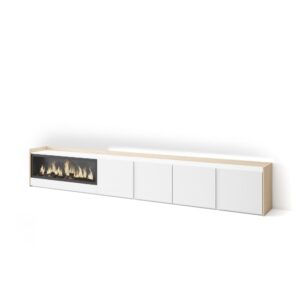 Wohnli Möbelsuche - TV-Möbel Holzeffekt weiß und eiche 315x35x50cm Kamin mit Feuereffekt