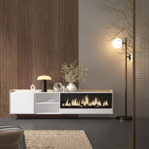 TV-Möbel Holzeffekt weiß und eiche 212x35x50cm Kamin mit Feuereffekt 212x50x35cm Spanplatte Weiß Skraut home Möbel Wohnzimmermöbel TV-Möbel