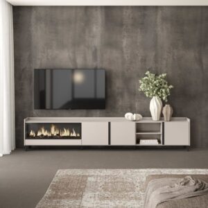 TV-Möbel Holzeffekt beige 315x35x61cm Kamin mit Feuereffekt XXL 315x61x35cm Spanplatte Beige Skraut home Möbel Wohnzimmermöbel TV-Möbel