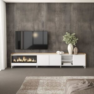 TV-Möbel Holzeffekt weiß und eiche 315x35x61cm Kamin mit Feuereffekt 315x61x35cm Spanplatte Weiß Skraut home Möbel Wohnzimmermöbel TV-Möbel