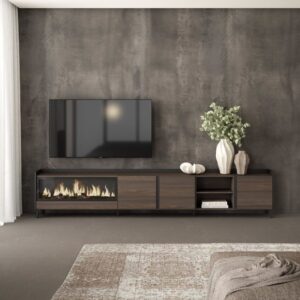 TV-Möbel Holzeffekt eiche schwarz 315x35x61cm Kamin mit Feuereffekt 315x61x35cm Spanplatte Braun Skraut home Möbel Wohnzimmermöbel TV-Möbel
