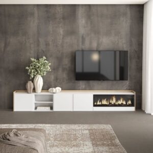TV-Möbel Holzeffekt weiß und eiche 315x35x50cm Kamin mit Feuereffekt 315x50x35cm Spanplatte Weiß Skraut home Möbel Wohnzimmermöbel TV-Möbel