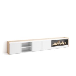 Wohnli Möbelsuche - TV-Möbel Holzeffekt weiß und eiche 315x35x50cm Kamin mit Feuereffekt