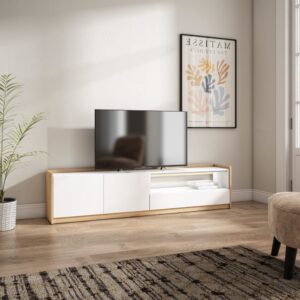 wohnli-moebel-suche-M26043484-1 TV-Möbel Holzeffekt weiß und eiche 207x37x50cm mit Led 207x50x37cm Spanplatte Weiß Skraut home Möbel Wohnzimmermöbel TV-Möbel