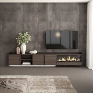 TV-Möbel Holzeffekt eiche schwarz 315x35x50cm Kamin mit Feuereffekt 315x50x35cm Spanplatte Braun Skraut home Möbel Wohnzimmermöbel TV-Möbel