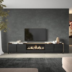 TV-Möbel Holzeffekt schwarz eiche 315x35x61cm Kamin mit Feuereffekt 315x61x35cm Spanplatte Schwarz Skraut home Möbel Wohnzimmermöbel TV-Möbel