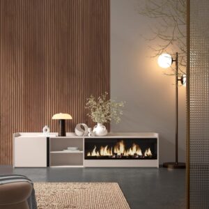 wohnli-moebel-suche-M26043490-1 TV-Möbel Holzeffekt beige 212x35x50cm Kamin mit Feuereffekt XXL 212x50x35cm Spanplatte Beige Skraut home Möbel Wohnzimmermöbel TV-Möbel
