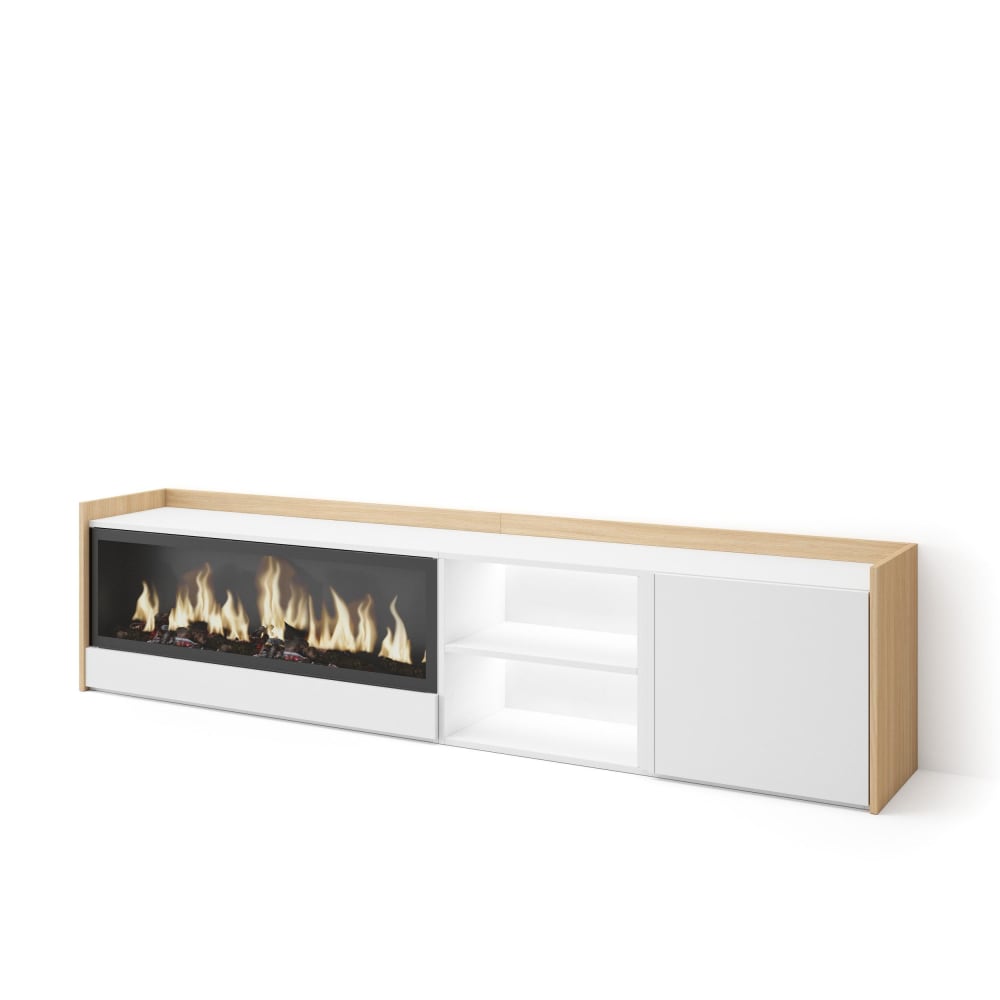 Wohnli Möbelsuche - TV-Möbel Holzeffekt weiß und eiche 212x35x50cm Kamin mit Feuereffekt