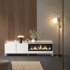 wohnli-moebel-suche-M26043495-1 TV-Möbel Holzeffekt weiß und eiche 212x35x61cm Kamin mit Feuereffekt 212x61x35cm Spanplatte Weiß Skraut home Möbel Wohnzimmermöbel TV-Möbel