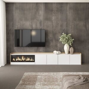 wohnli-moebel-suche-M26043497-1 TV-Möbel Holzeffekt weiß und eiche 315x35x50cm Kamin mit Feuereffekt 315x50x35cm Spanplatte Weiß Skraut home Möbel Wohnzimmermöbel TV-Möbel
