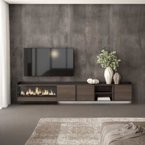 TV-Möbel Holzeffekt eiche schwarz 315x35x50cm Kamin mit Feuereffekt 315x50x35cm Spanplatte Braun Skraut home Möbel Wohnzimmermöbel TV-Möbel