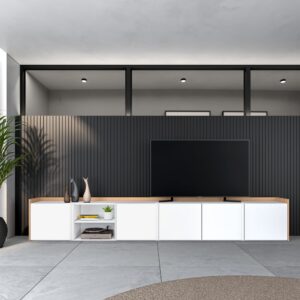 wohnli-moebel-suche-M26043502-1 TV-Möbel Holzeffekt weiß und eiche 309x35x50cm 309x50x35cm Spanplatte Weiß Skraut home Möbel Wohnzimmermöbel TV-Möbel