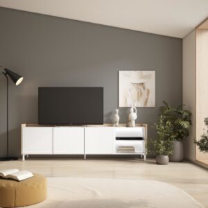 wohnli-moebel-suche-M26043504-1 TV-Möbel Holzeffekt weiß und eiche 207x35x61cm mit Beinen 207x61x35cm Spanplatte Weiß Skraut home Möbel Wohnzimmermöbel TV-Möbel