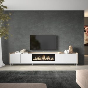TV-Möbel Holzeffekt weiß und eiche 315x35x61cm Kamin mit Feuereffekt 315x61x35cm Spanplatte Weiß Skraut home Möbel Wohnzimmermöbel TV-Möbel