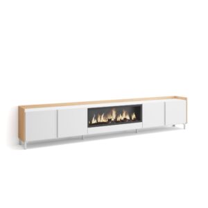 Wohnli Möbelsuche - TV-Möbel Holzeffekt weiß und eiche 315x35x61cm Kamin mit Feuereffekt