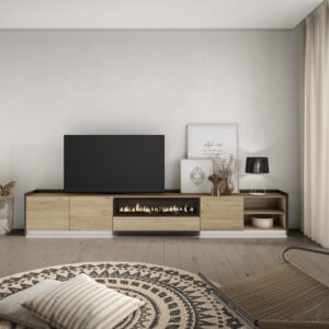 wohnli-moebel-suche-M26043513-1 TV-Möbel Holzeffekt eiche schwarz 310x37x50cm Kamin mit Feuereffekt 310x50x37cm Spanplatte Beige Skraut home Möbel Wohnzimmermöbel TV-Möbel