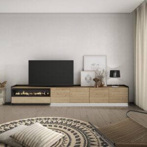 wohnli-moebel-suche-M26043515-1 TV-Möbel Holzeffekt eiche schwarz 310x37x50cm Kamin mit Feuereffekt 310x50x37cm Spanplatte Beige Skraut home Möbel Wohnzimmermöbel TV-Möbel