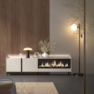 TV-Möbel Holzeffekt beige 212x35x61cm Kamin mit Feuereffekt XXL 212x61x35cm Spanplatte Beige Skraut home Möbel Wohnzimmermöbel TV-Möbel